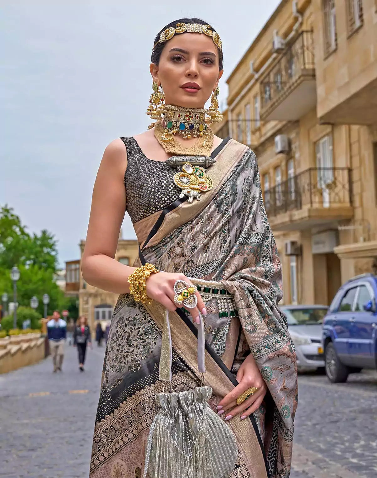 Image of Grey Coloured Soft Silk Floral Saree