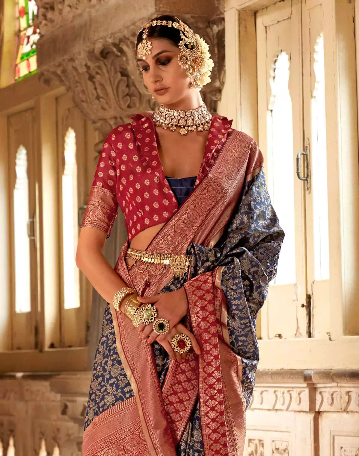 Image of Navy Blue Floral Banaras Silk Saree with Maroon Blouse
