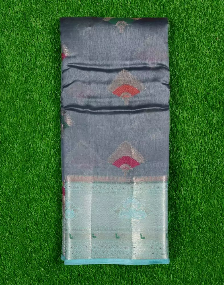 Image of Grey Floral pattern Weave Silk Saree