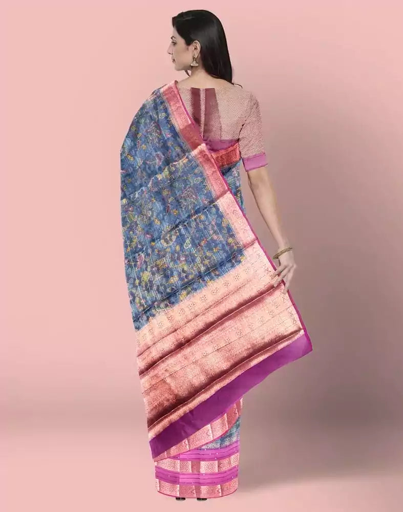 Image of Blue Floral Print Organza Saree