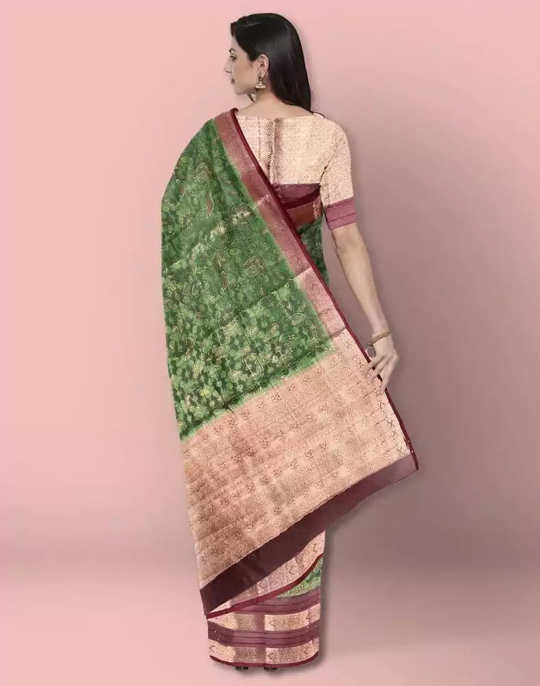Image of Green Colour Organza Floral Print Saree