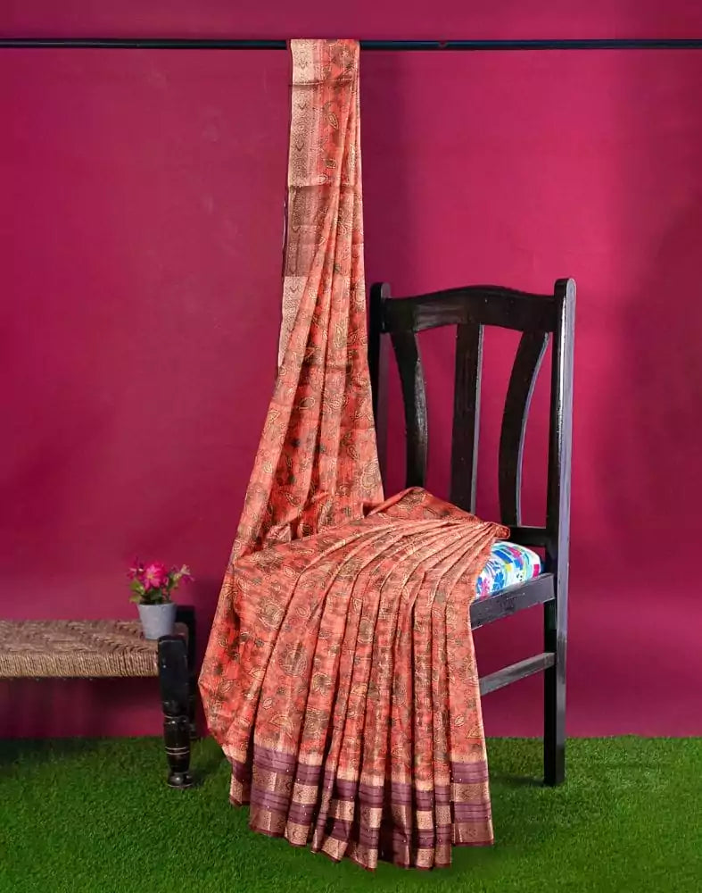 Image of Orange Floral Print Organza Saree