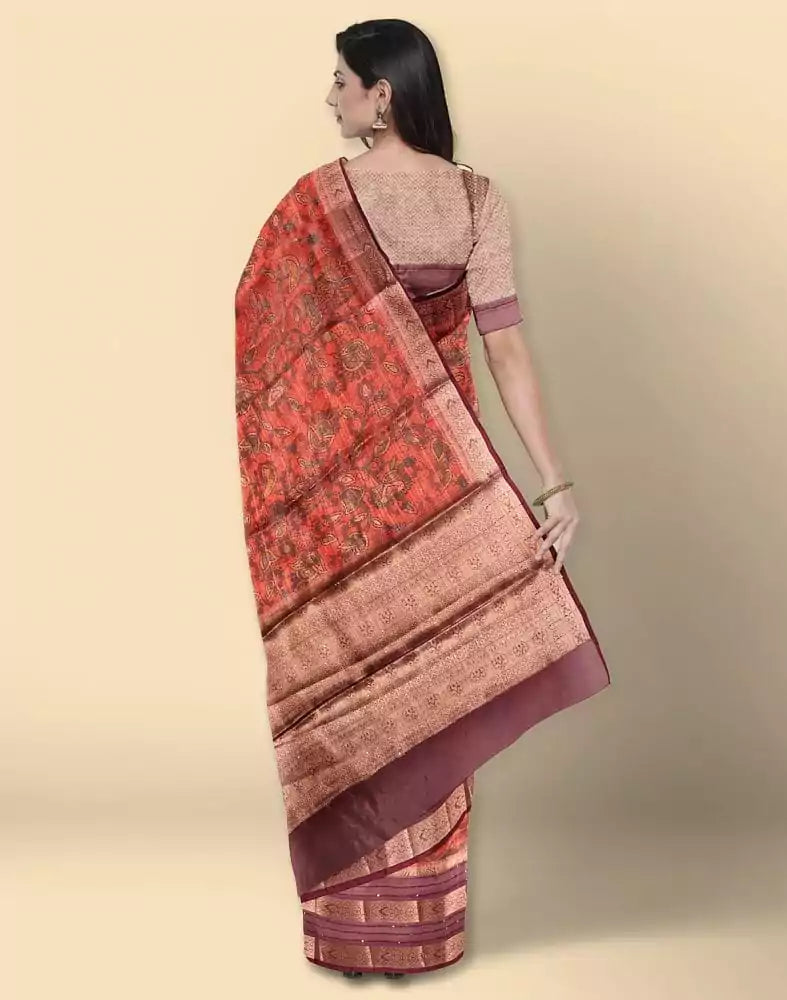 Image of Orange Floral Print Organza Saree