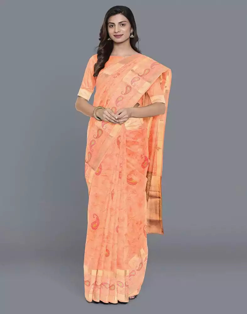 Image of Orange Paisley Tissue Chikankari work Saree