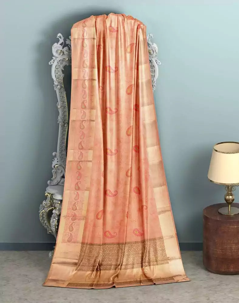 Image of Orange Paisley Tissue Chikankari work Saree