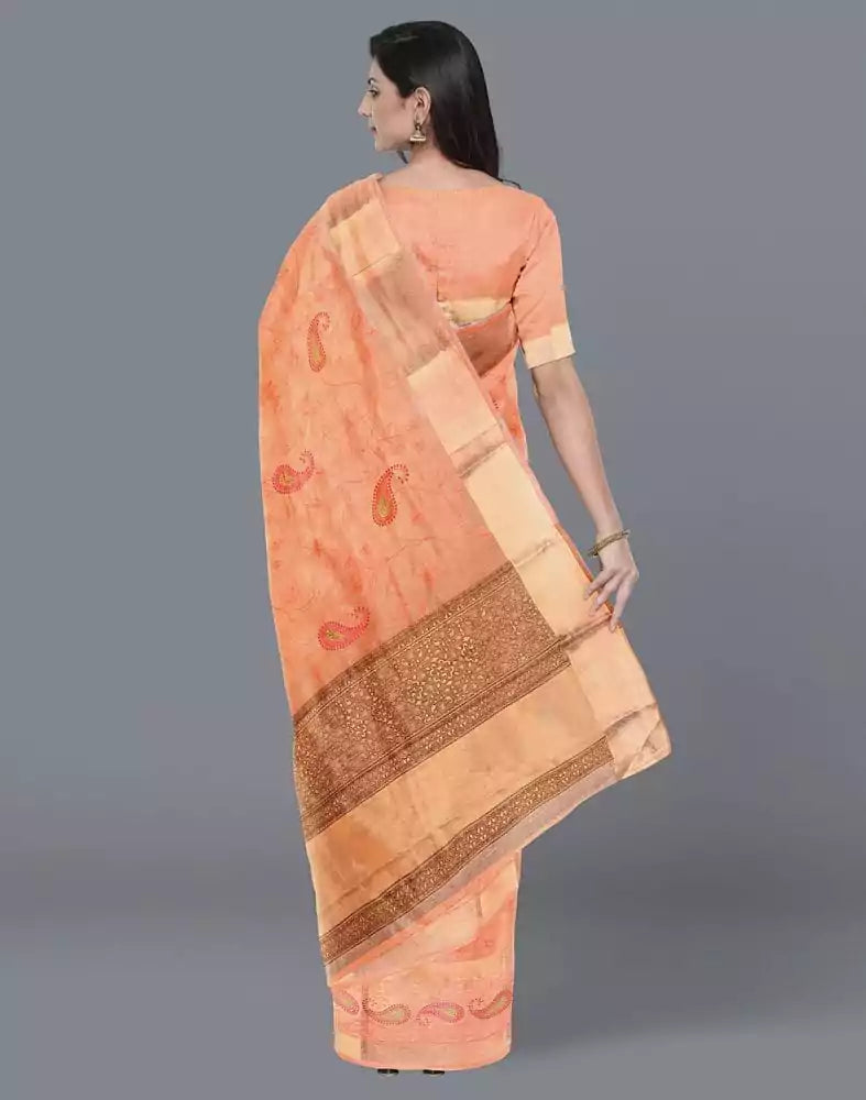 Image of Orange Paisley Tissue Chikankari work Saree