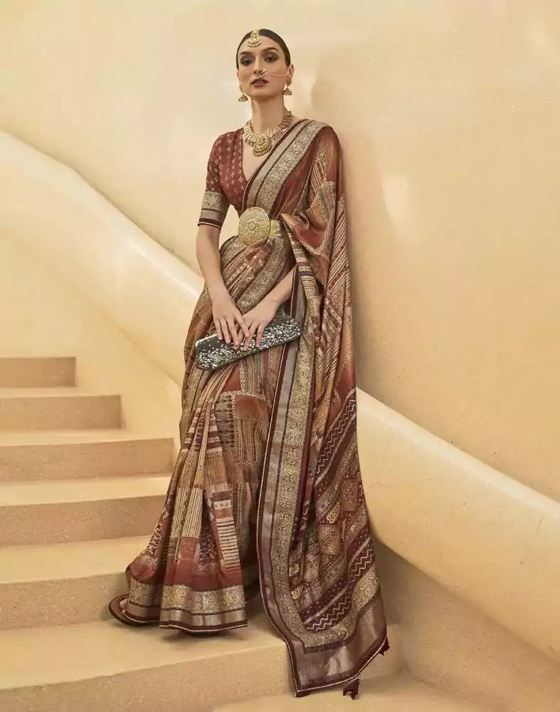 Image of Brown Geometric Soft Art Silk Saree