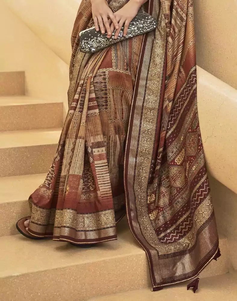 Image of Brown Geometric Soft Art Silk Saree