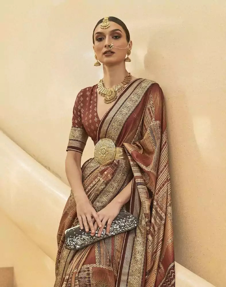 Image of Brown Geometric Soft Art Silk Saree