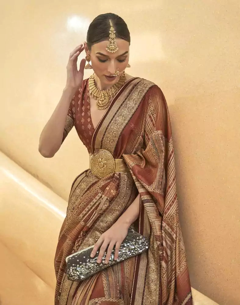 Image of Brown Geometric Soft Art Silk Saree