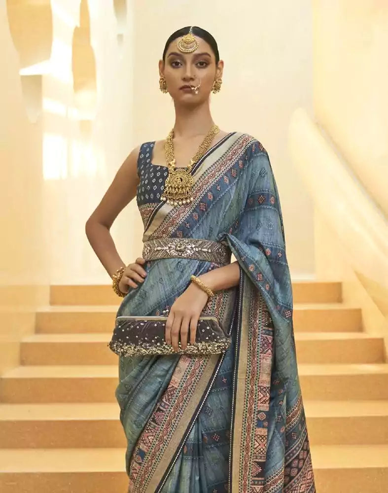 Image of Light Blue Stripes Print Art Silk Saree