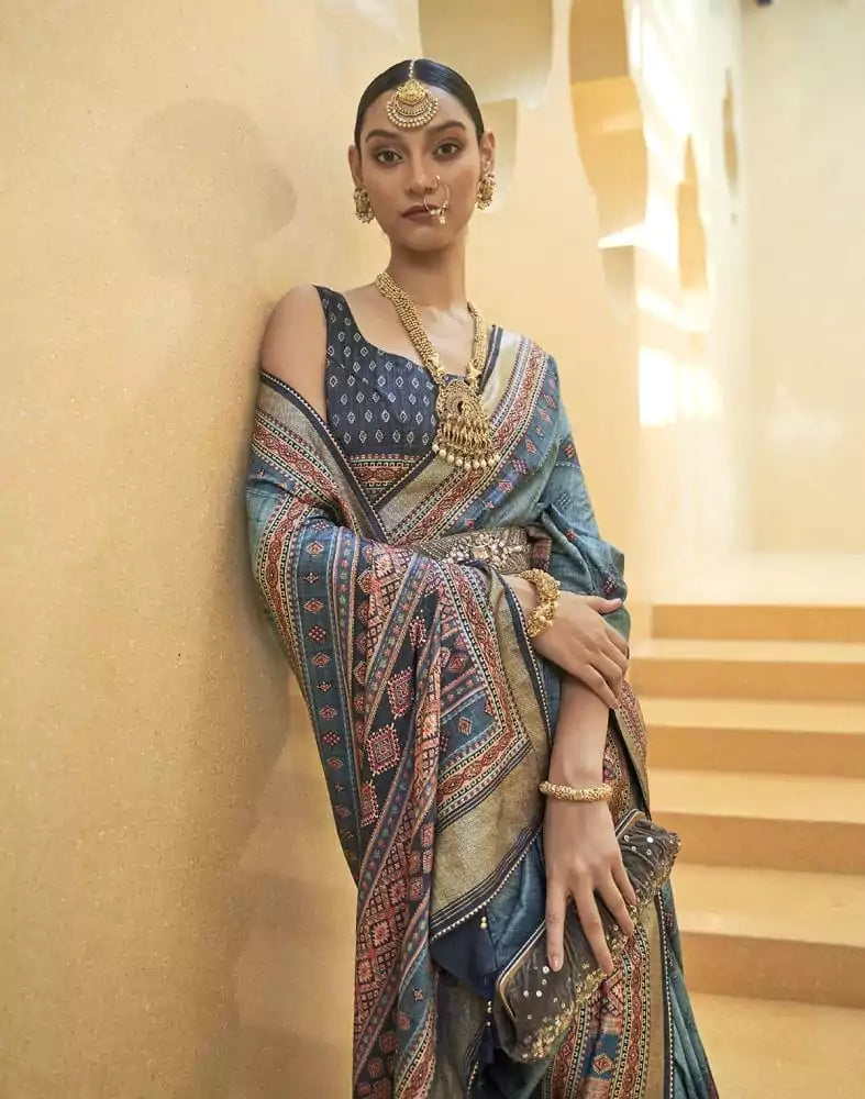 Image of Light Blue Stripes Print Art Silk Saree
