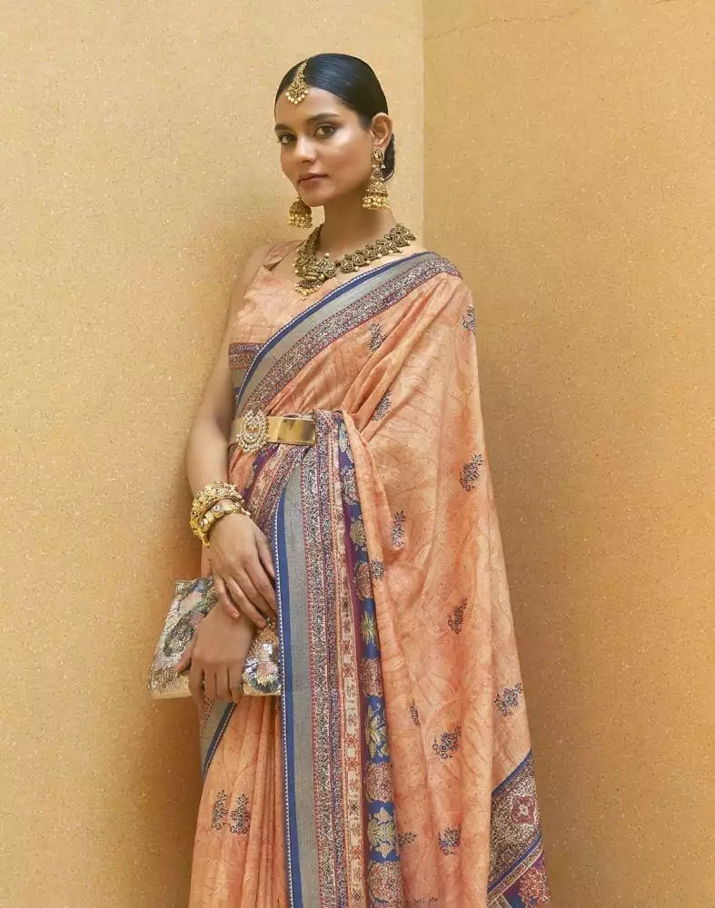 Image of Copper Light Orange Floral Print Art Silk Saree