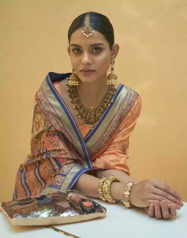 Image of Copper Light Orange Floral Print Art Silk Saree