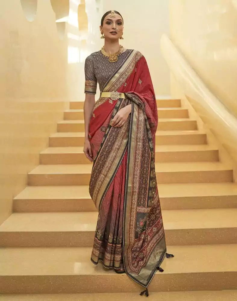 Image of Red Coloured Floral Print Art Silk Fancy Saree