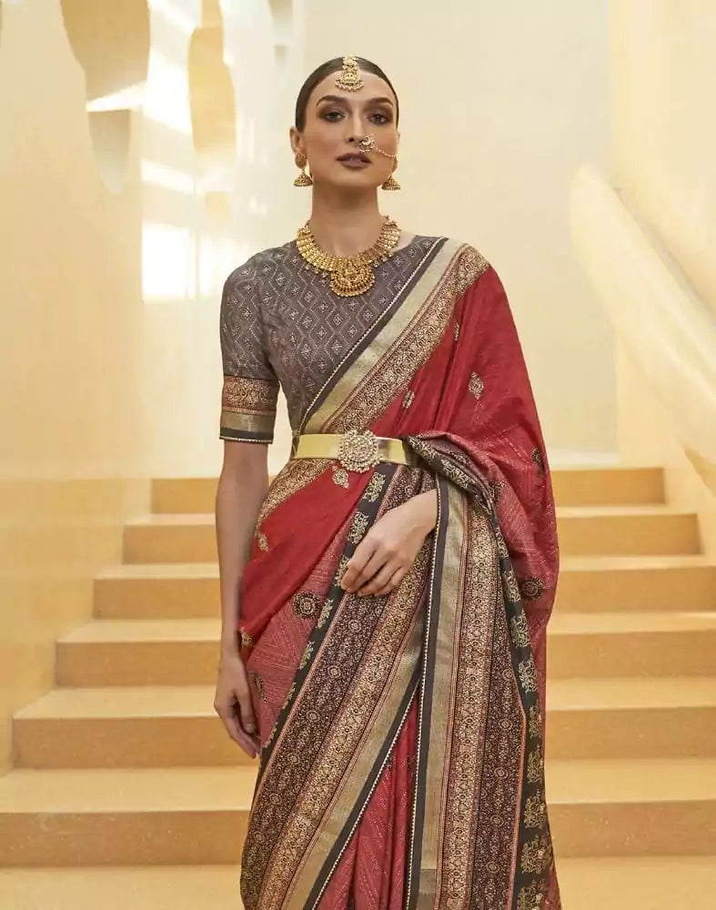 Image of Red Coloured Floral Print Art Silk Fancy Saree