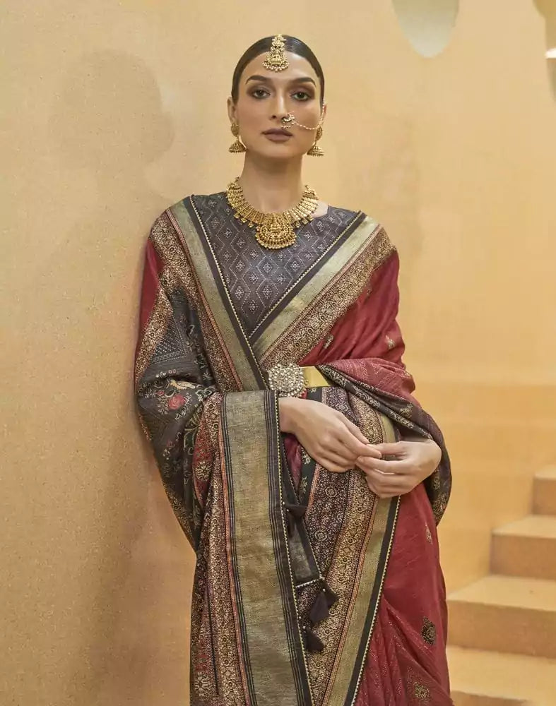 Image of Red Coloured Floral Print Art Silk Fancy Saree