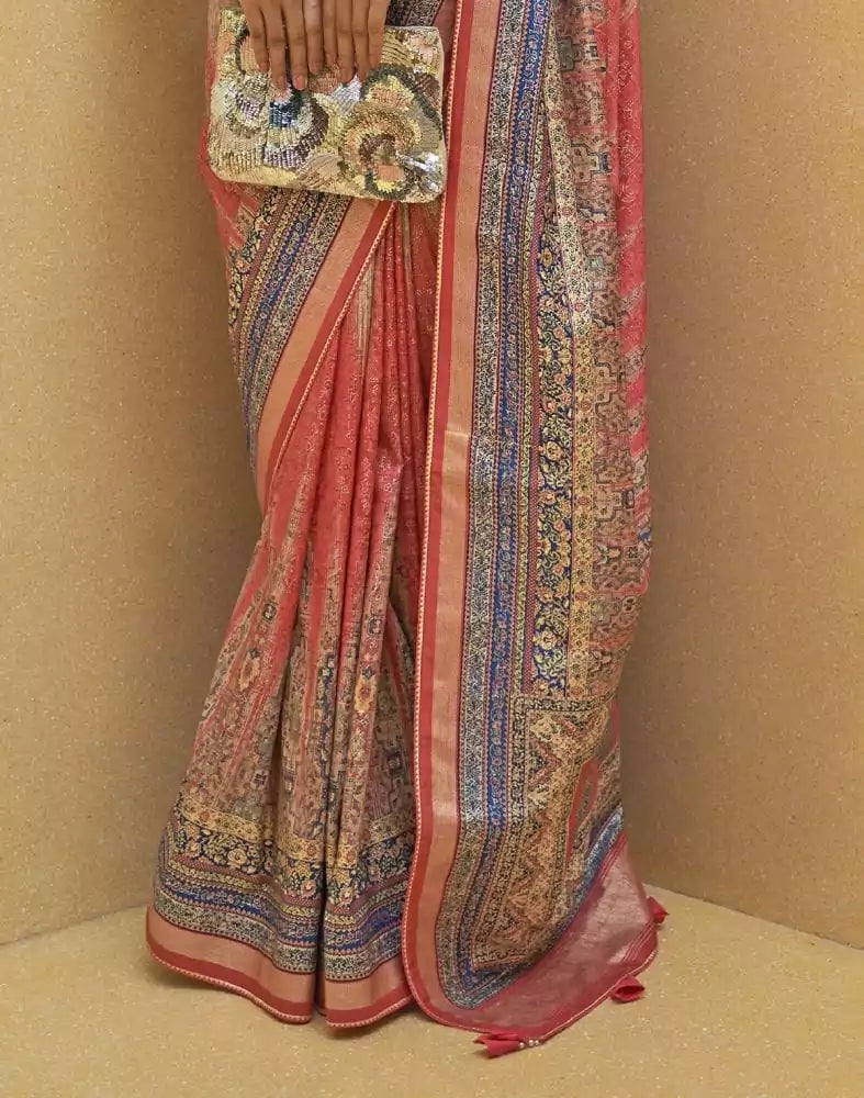 Image of Attractive Peach Geometric Print Art Silk Saree