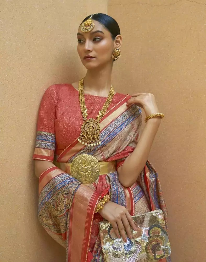 Image of Attractive Peach Geometric Print Art Silk Saree