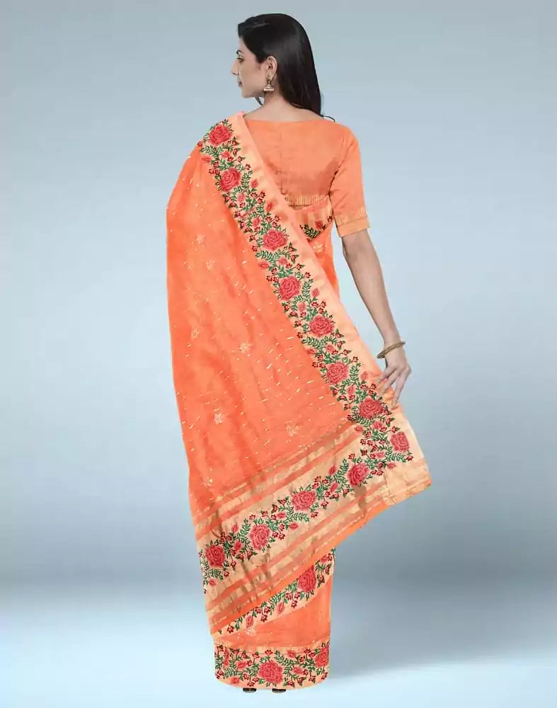 Image of Orange Striped Embellished work Lenin Jute Saree