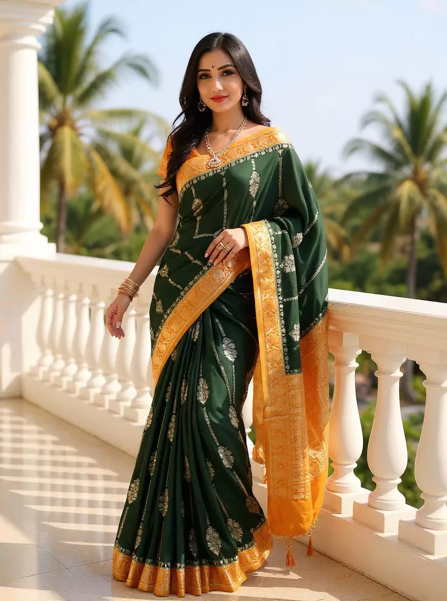 Image of Dark Green Floral Banaras Soft Silk Saree