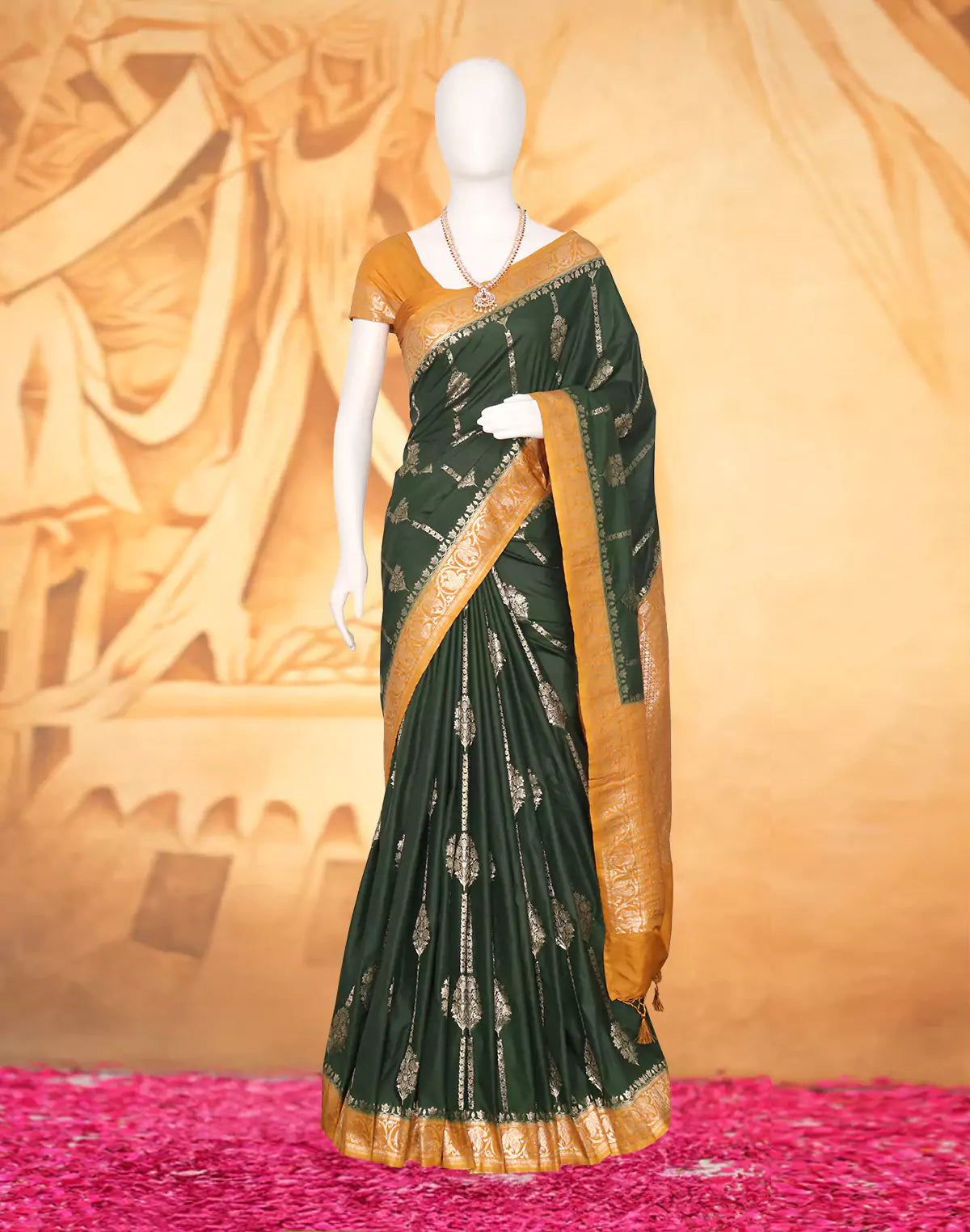 Image of Dark Green Floral Banaras Soft Silk Saree