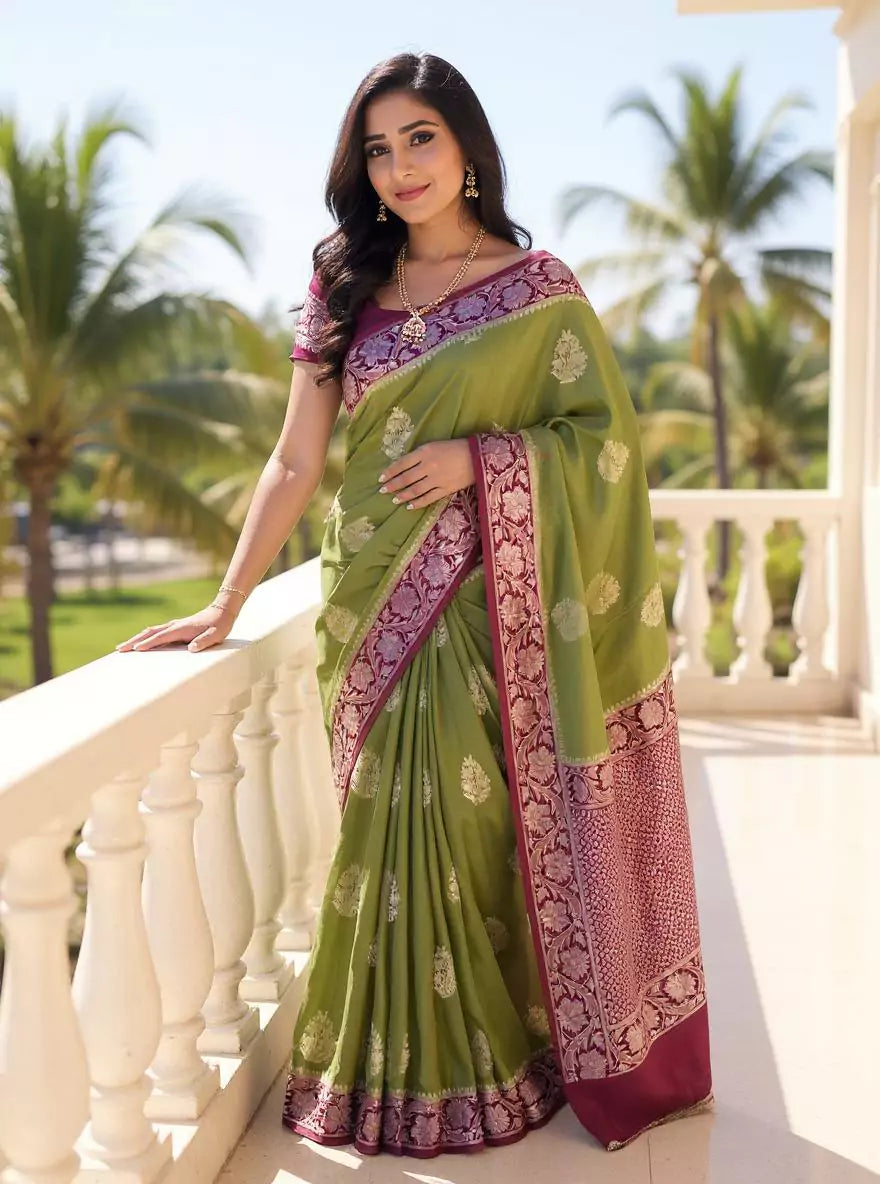 Image of Olive Green Floral Motifs Banaras Soft Silk Saree with Tussels