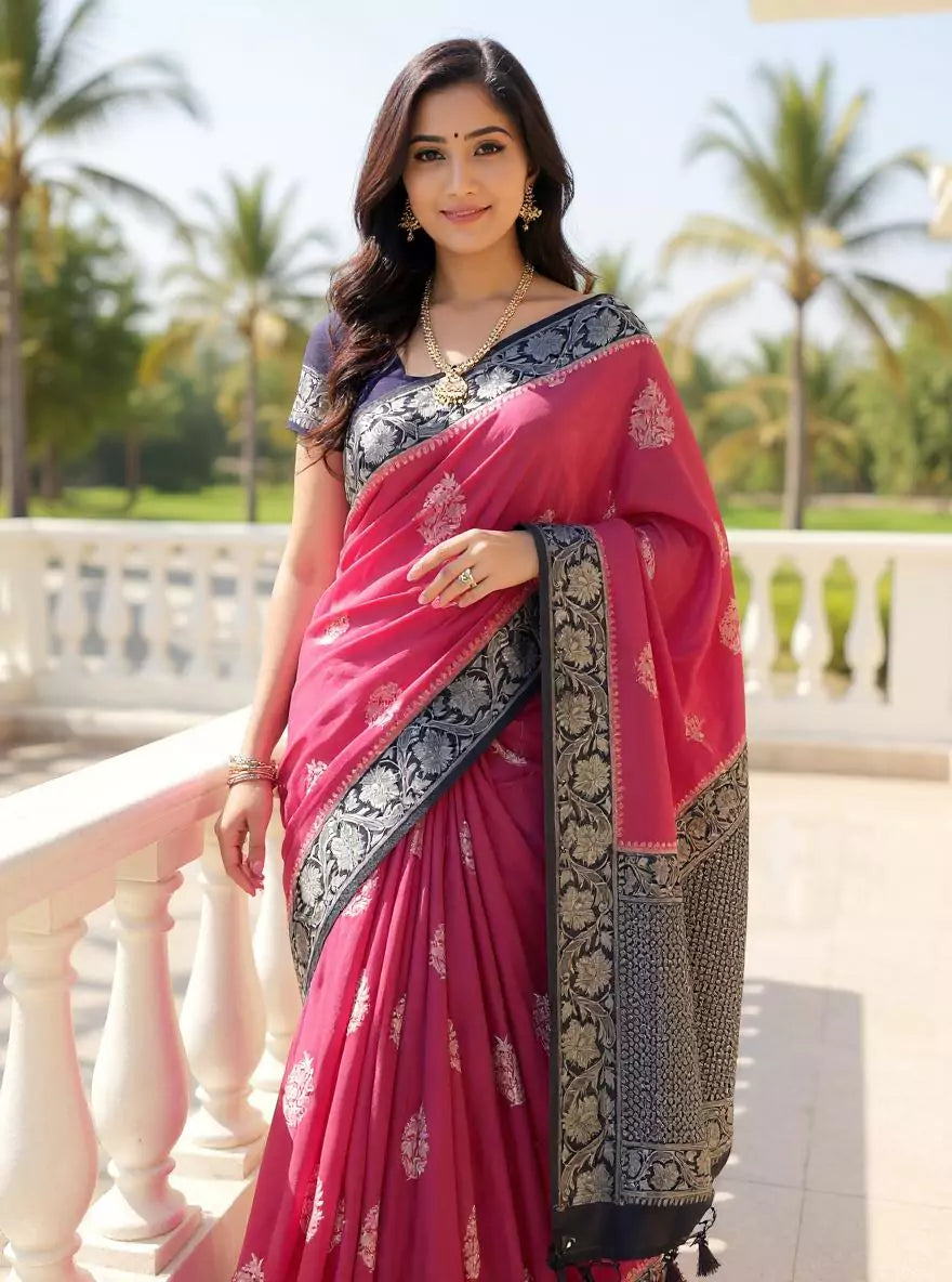 Image of Light Pink Floral Motifs Banaras Soft Silk Saree with Tussels