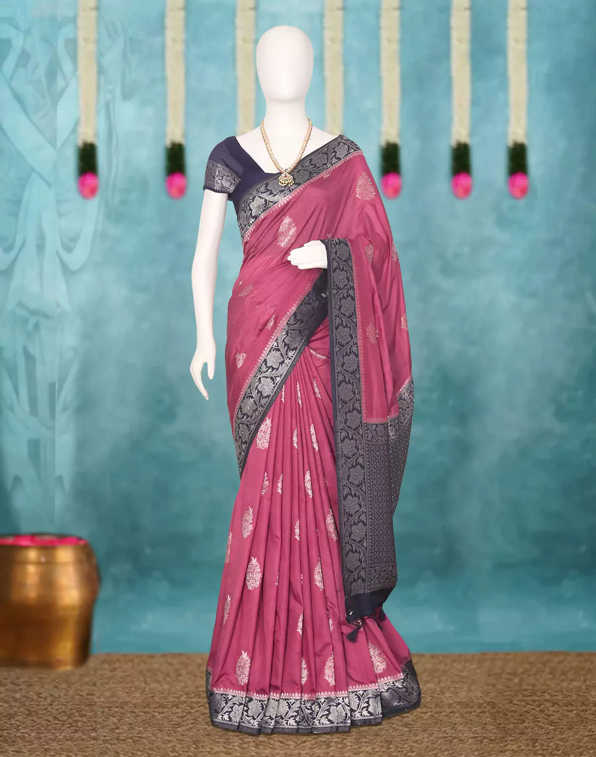 Image of Light Pink Floral Motifs Banaras Soft Silk Saree with Tussels