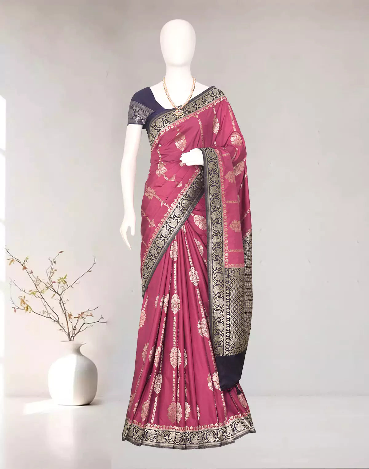 Image of Magenta Floral Banaras Soft Silk Saree