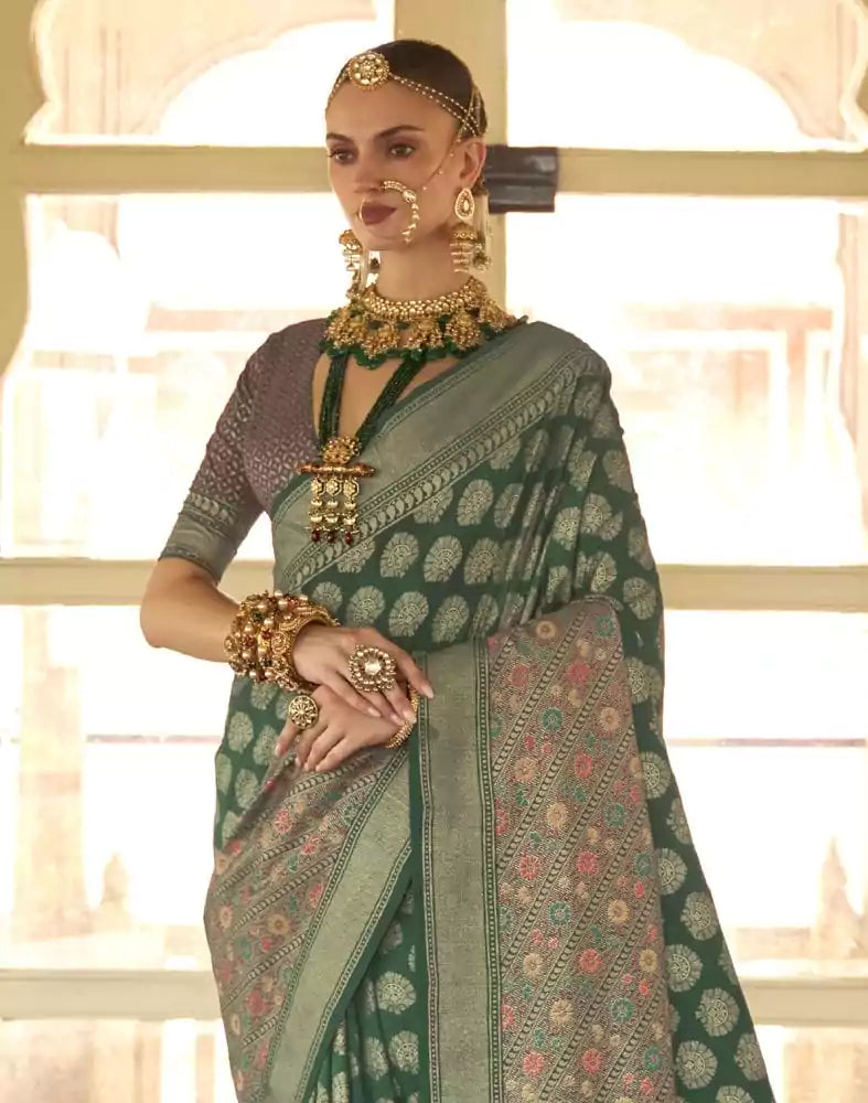 Image of Traditional Dark Green Botanical Weaving Banaras Silk Saree