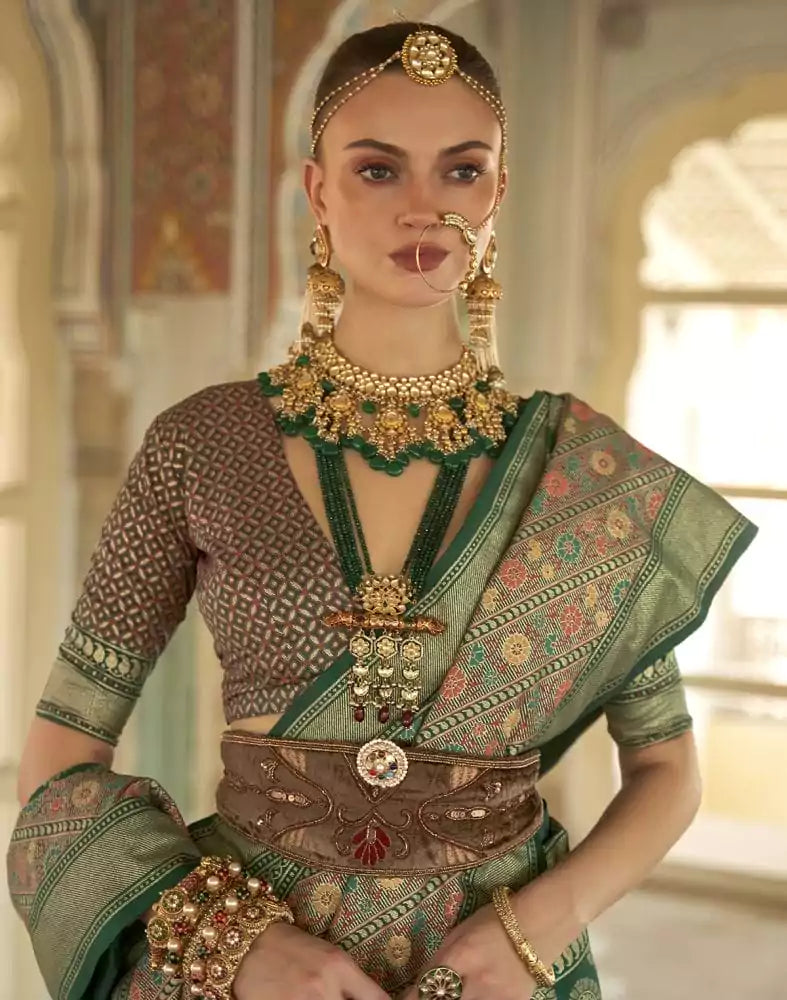 Image of Traditional Dark Green Botanical Weaving Banaras Silk Saree