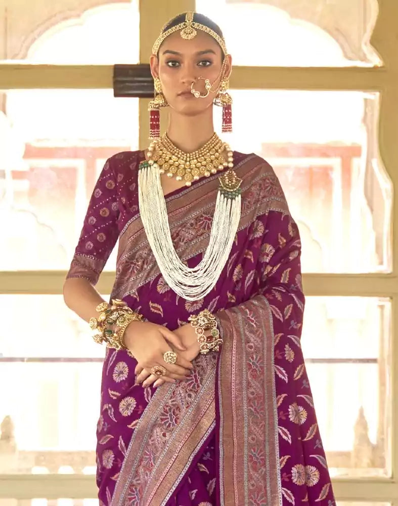 Image of Dark Pink Botanical Weaving Banaras Silk Saree