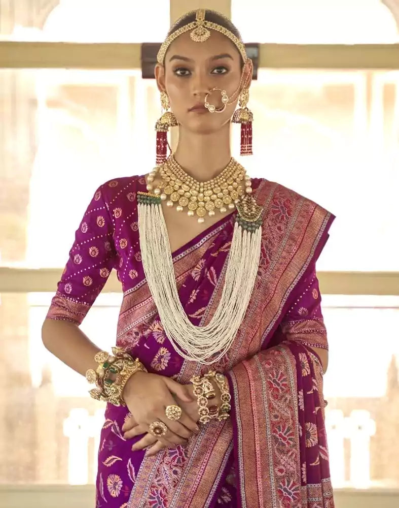 Image of Dark Pink Botanical Weaving Banaras Silk Saree