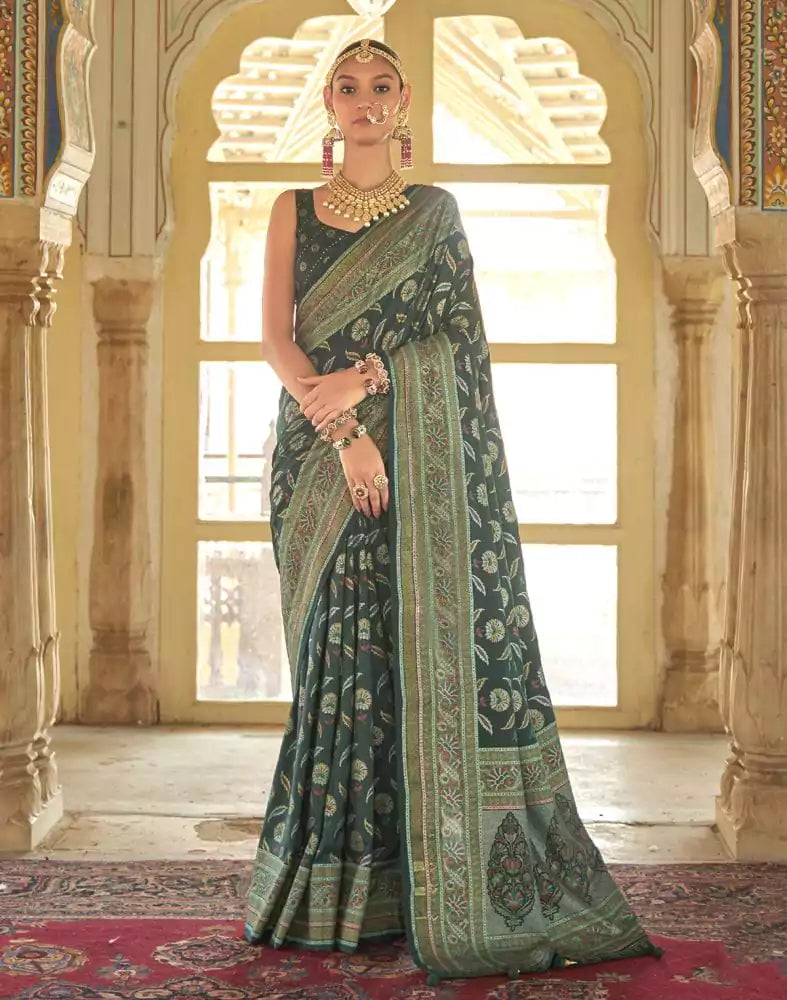 Image of Beautiful Dark Green Botanical Weaving Banaras Silk Saree