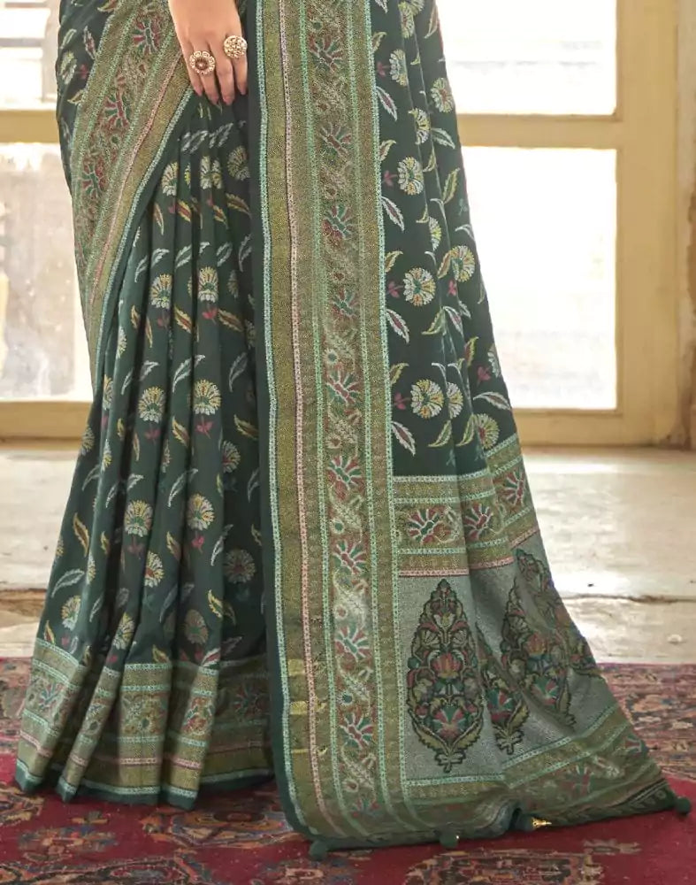 Image of Beautiful Dark Green Botanical Weaving Banaras Silk Saree