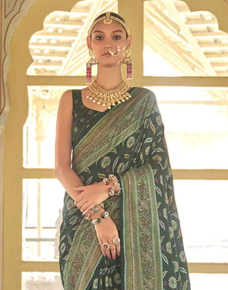 Image of Beautiful Dark Green Botanical Weaving Banaras Silk Saree