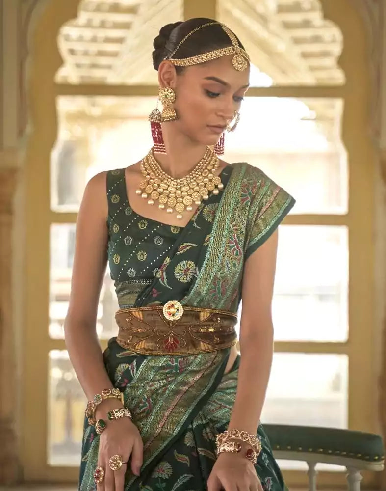 Image of Beautiful Dark Green Botanical Weaving Banaras Silk Saree