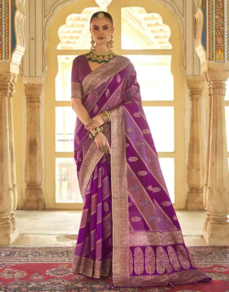 Image of Pink Botanical Weave Lichi Banaras Silk Saree