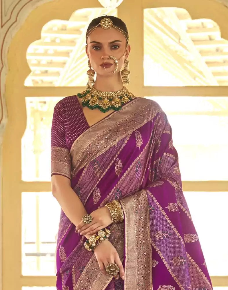 Image of Pink Botanical Weave Lichi Banaras Silk Saree