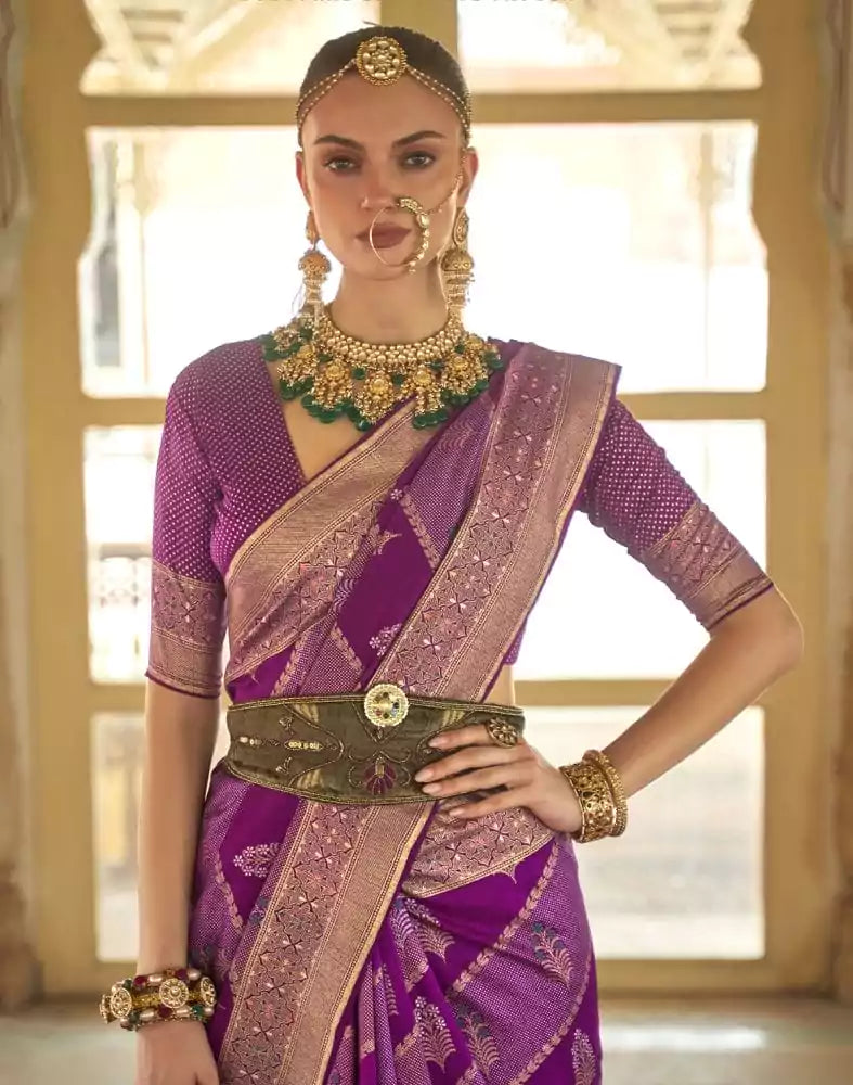 Image of Pink Botanical Weave Lichi Banaras Silk Saree