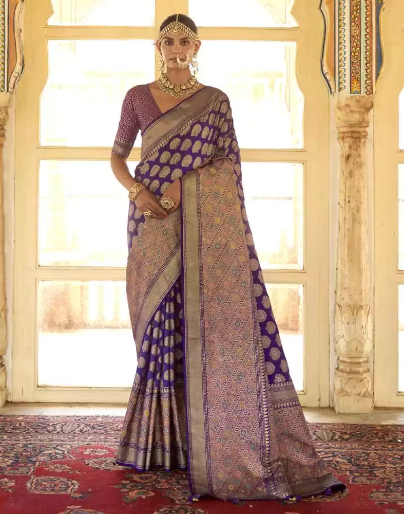 Image of Improbable Purple Botanical Weaving Banaras Silk Saree