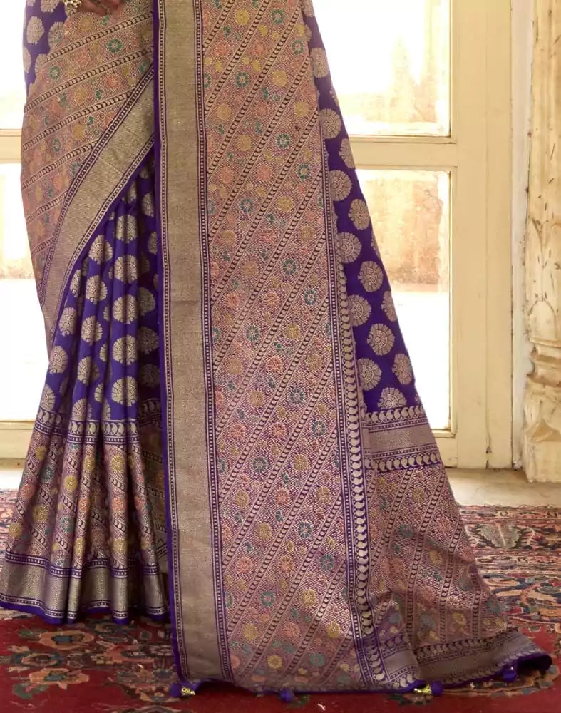 Image of Improbable Purple Botanical Weaving Banaras Silk Saree
