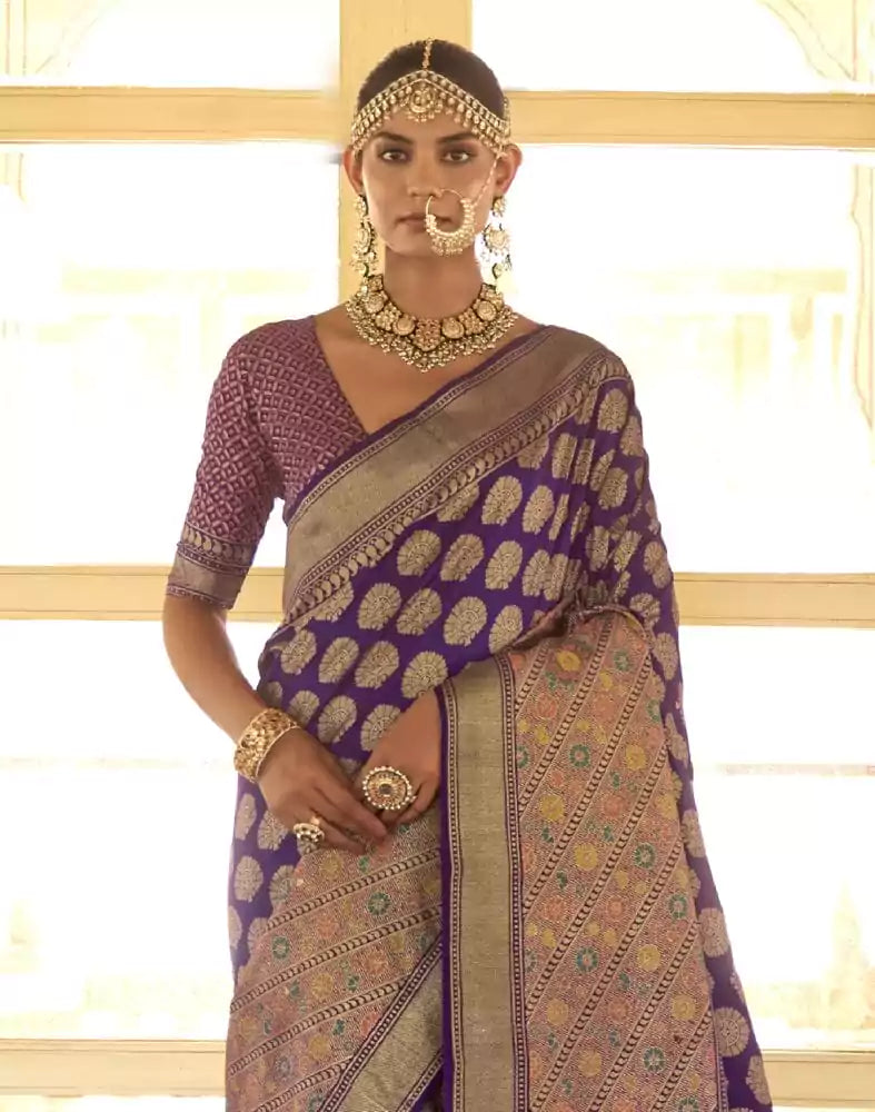 Image of Improbable Purple Botanical Weaving Banaras Silk Saree