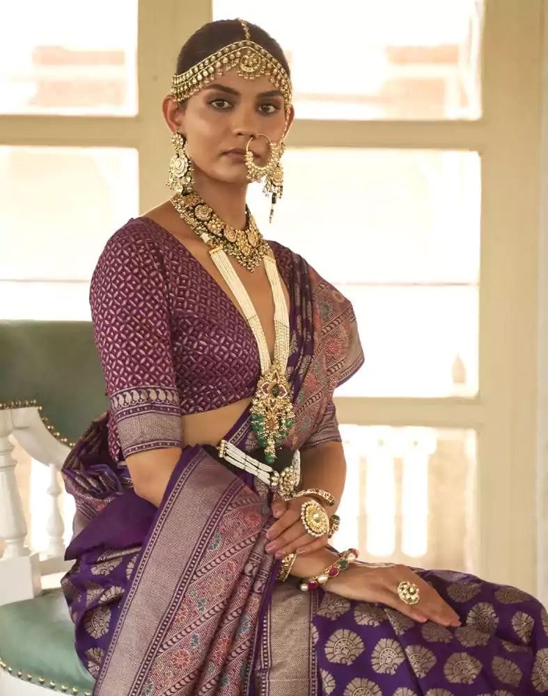 Image of Improbable Purple Botanical Weaving Banaras Silk Saree