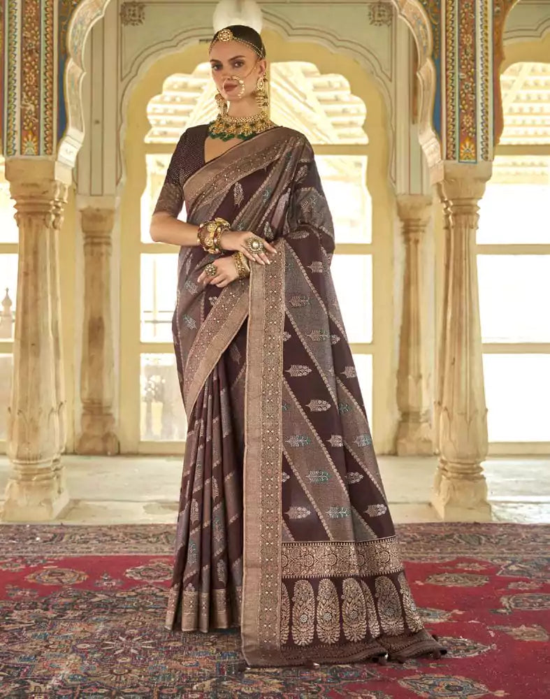 Image of Botanical Pattern Brown Coloured Banaras Silk Saree