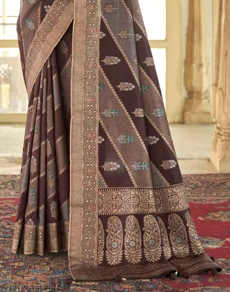 Image of Botanical Pattern Brown Coloured Banaras Silk Saree