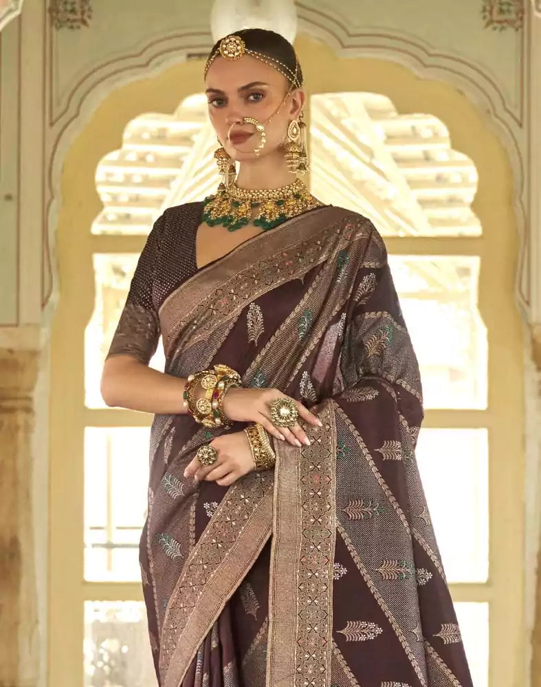 Image of Botanical Pattern Brown Coloured Banaras Silk Saree