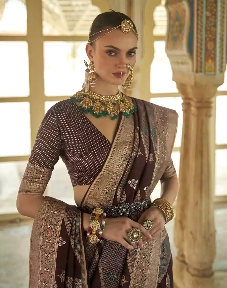 Image of Botanical Pattern Brown Coloured Banaras Silk Saree