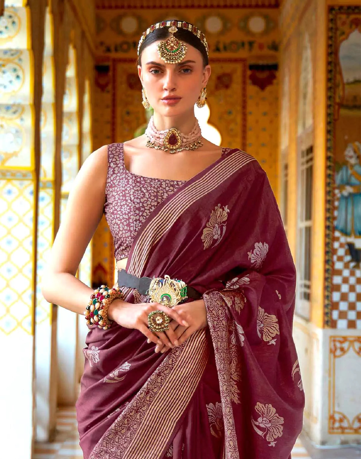 Image of Maroon Floral Print Banaras Silk Designer Saree